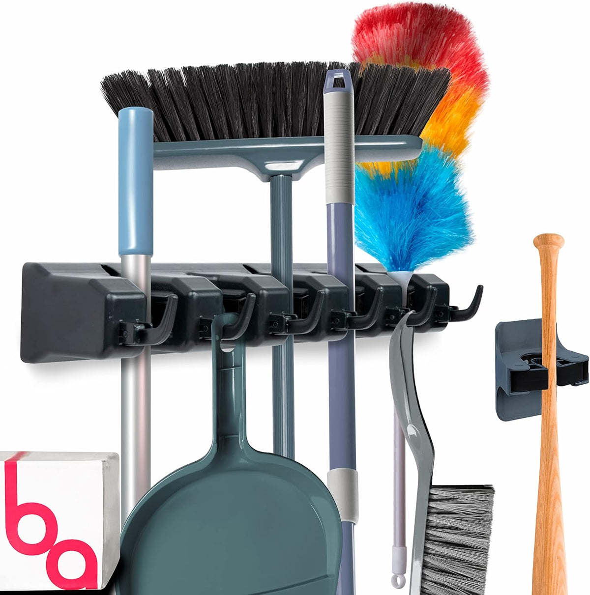 Combo 5 Slot Broom Holder w/ 1 Self Adhesive Mop Gripper No-Drilling, Wall Mount Tool Organizers
