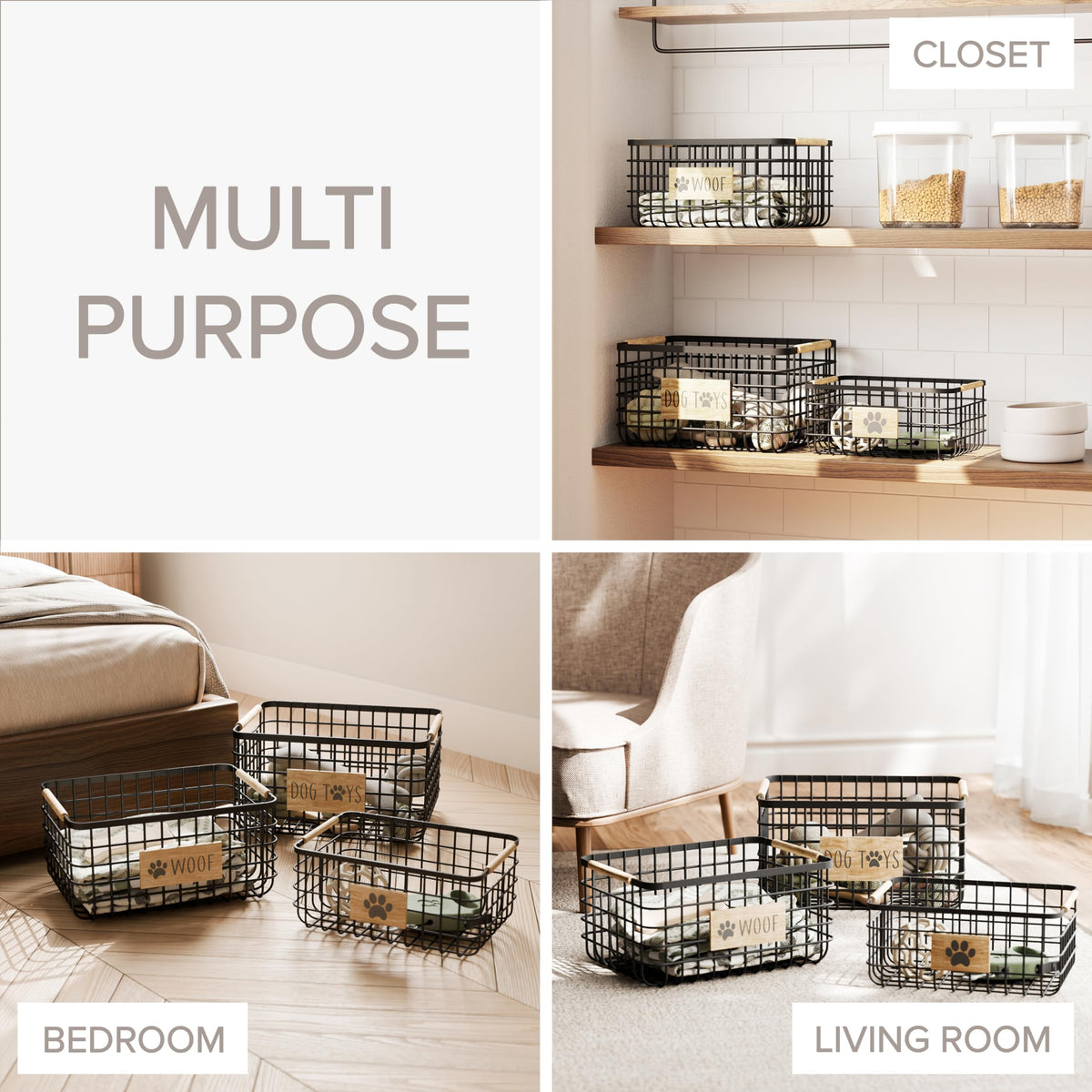 RGI Home Dog Toy Storage Baskets – Set of 3 Rectangular Metal Organizer Bins for Pet and Household