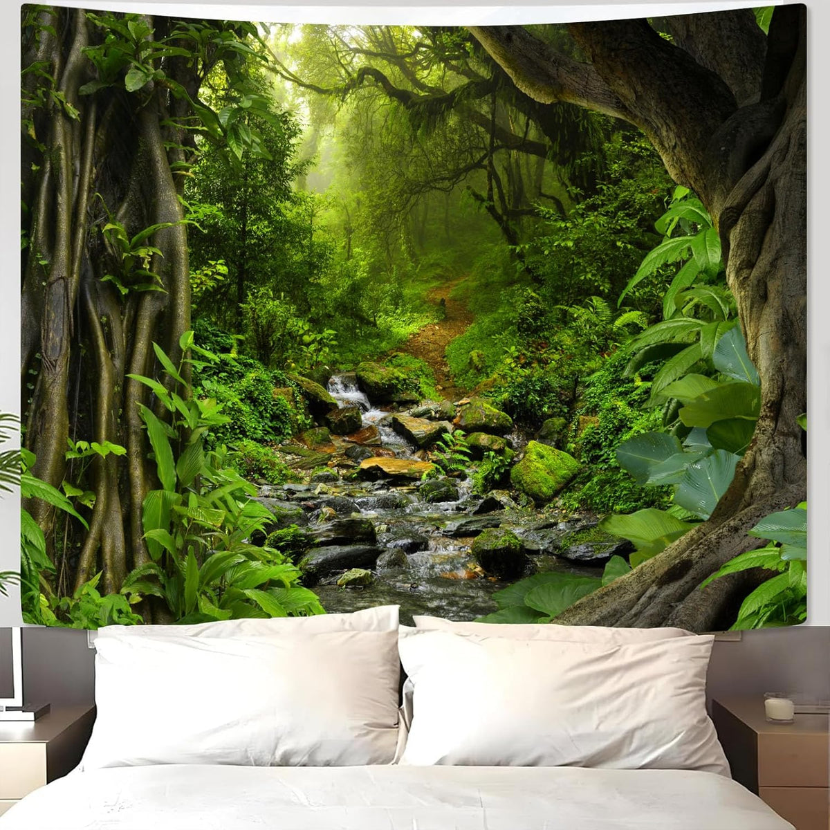 AMM Green Rainforest Tapestry Nature Forest Tapestry for Bedroom Aesthetic Misty Tropical Jungle