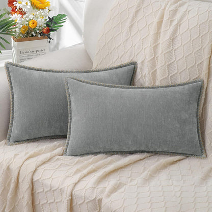 decorUhome Chenille Soft Throw Pillow Covers 12x20 Set of 2, Lumbar Velvet Farmhouse Neutral