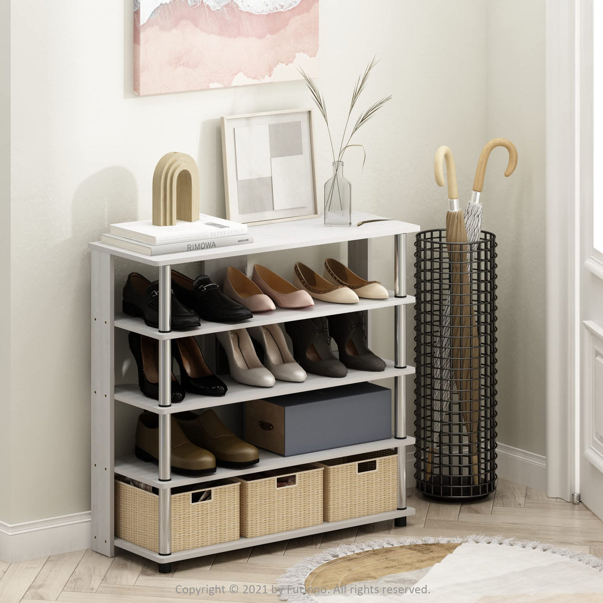 Furinno Turn-N-Tube 5 Tier Wide Shoe Rack, White Oak, Stainless Steel Tubes 32 Inch