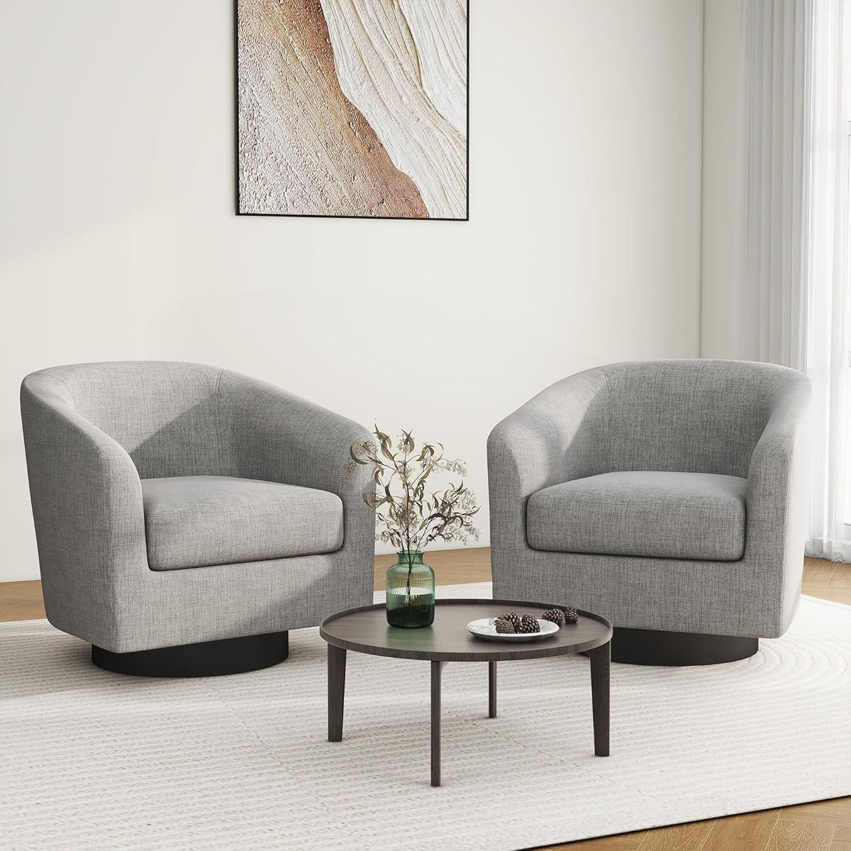 Swivel Barrel Accent Chair Set of 2, Modern Round Linen Arm Chair for Living Room, Bedroom, Comfy