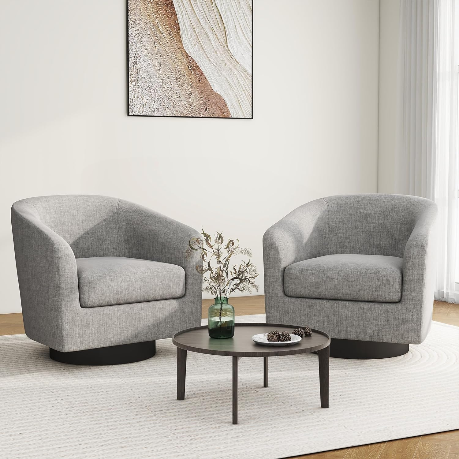 Swivel Barrel Accent Chair Set of 2, Modern Round Linen Arm Chair for Living Room, Bedroom, Comfy