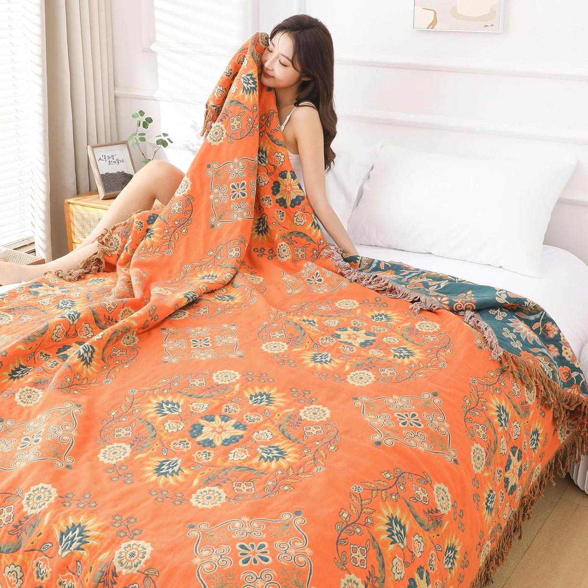 Boho Throw Blanket for Bed - 100% Pure Cotton Ultra Soft Rustic Quilt - Farmhouse Decor Bed