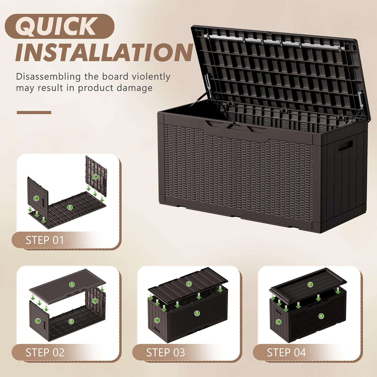 Devoko 100 Gallon Deck Box, Waterproof Resin Outdoor Storage Box with Cushion for Outside and