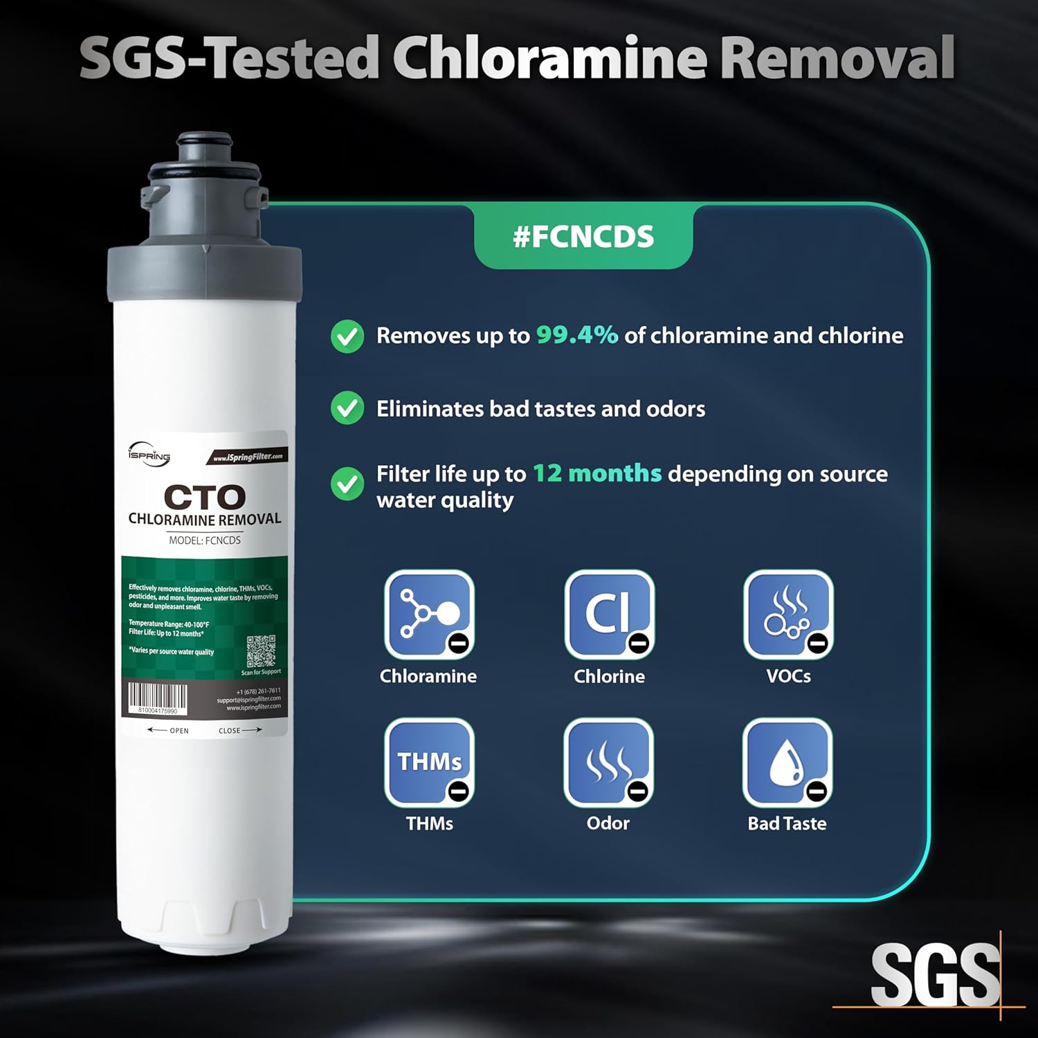 iSpring FCNCDS SGS-Tested Chloramine Removal CTO Carbon Block Replacement Water Filter Cartridge