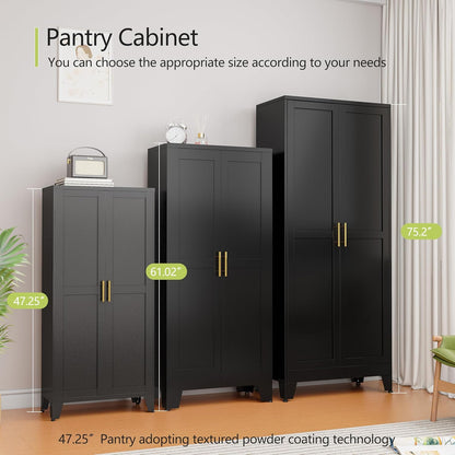 Metal Storage Cabinet With 2 Doors and 3 Adjustable Shelves, Black Kitchen Pantry for Food, Utility