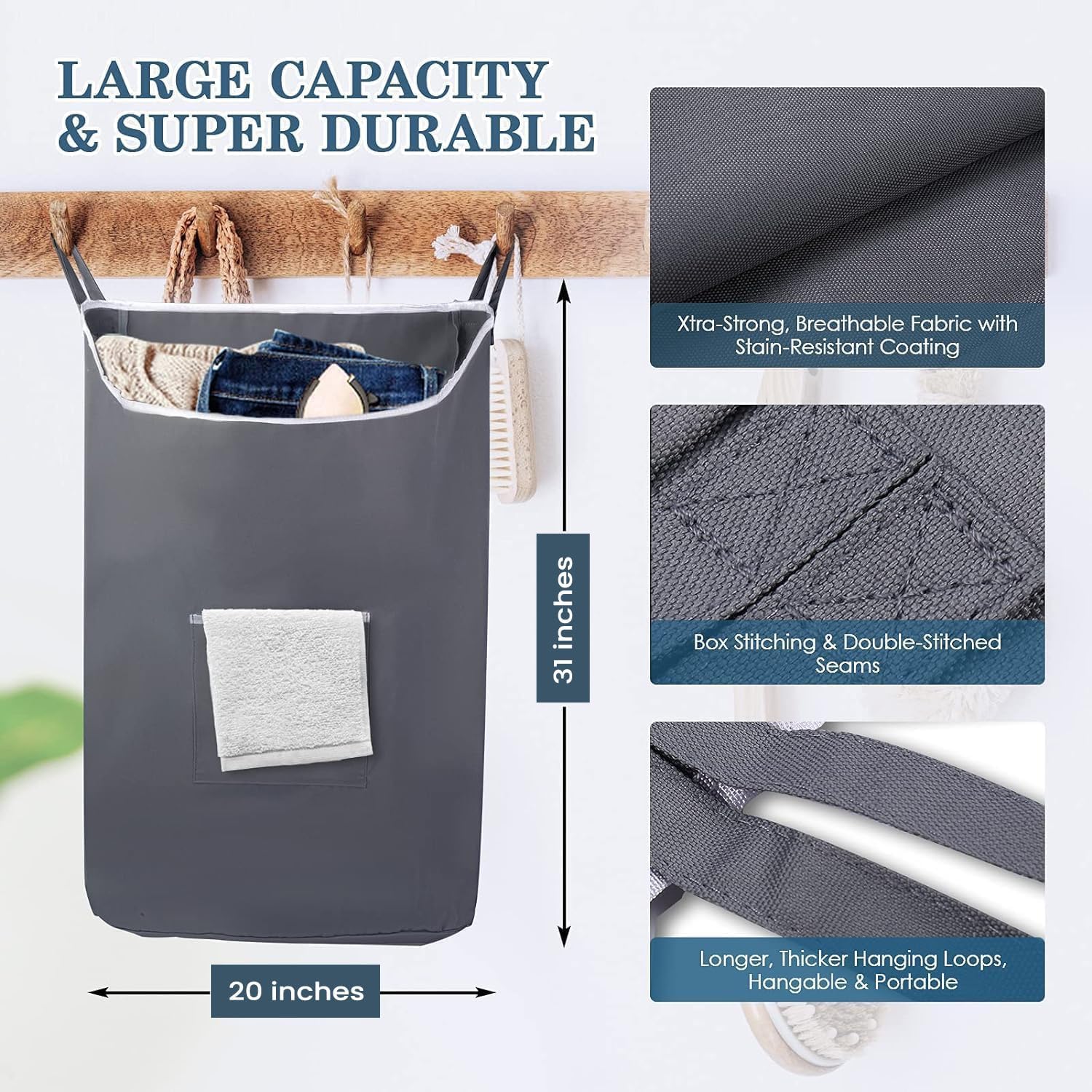 The Fine Living Co. X-Large Hanging Laundry Hamper with Over Door Hooks & Adhesive, Durable Space