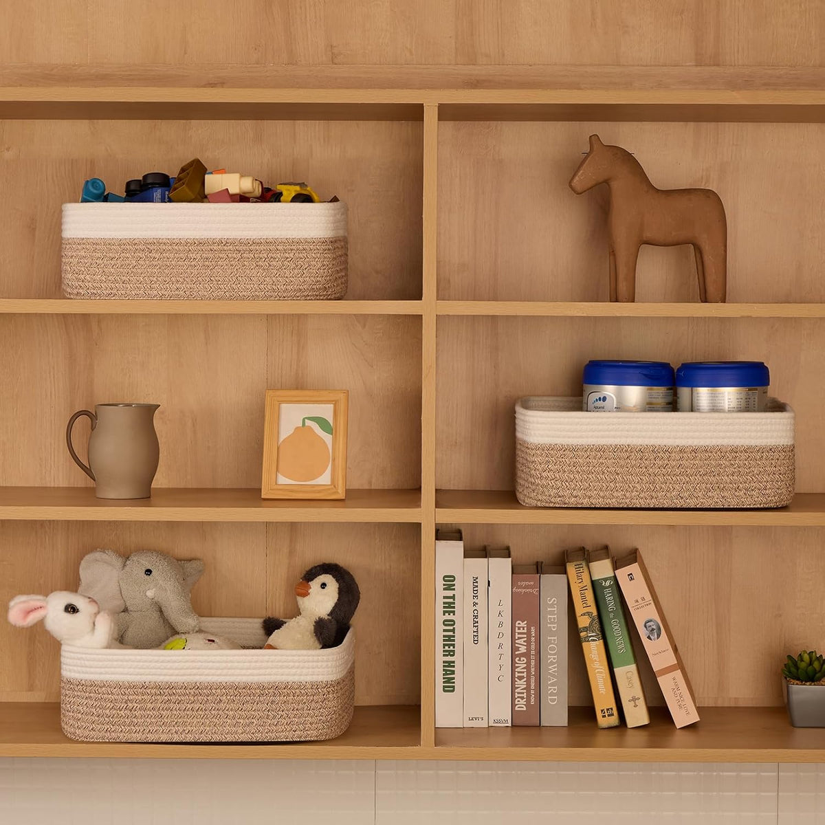 Large Shallow Organizing Baskets 15x11x5.1 Inches - Rope Woven Storage Bins for Bathroom, Shelves