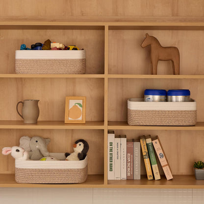 Large Shallow Organizing Baskets 15x11x5.1 Inches - Rope Woven Storage Bins for Bathroom, Shelves