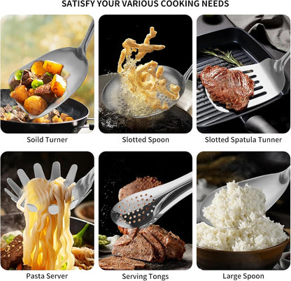 304 Stainlss Steel Kitchen Utensils Set, 12 Pcs Long Metal Cooking Utensil Gadgets Tools Set with