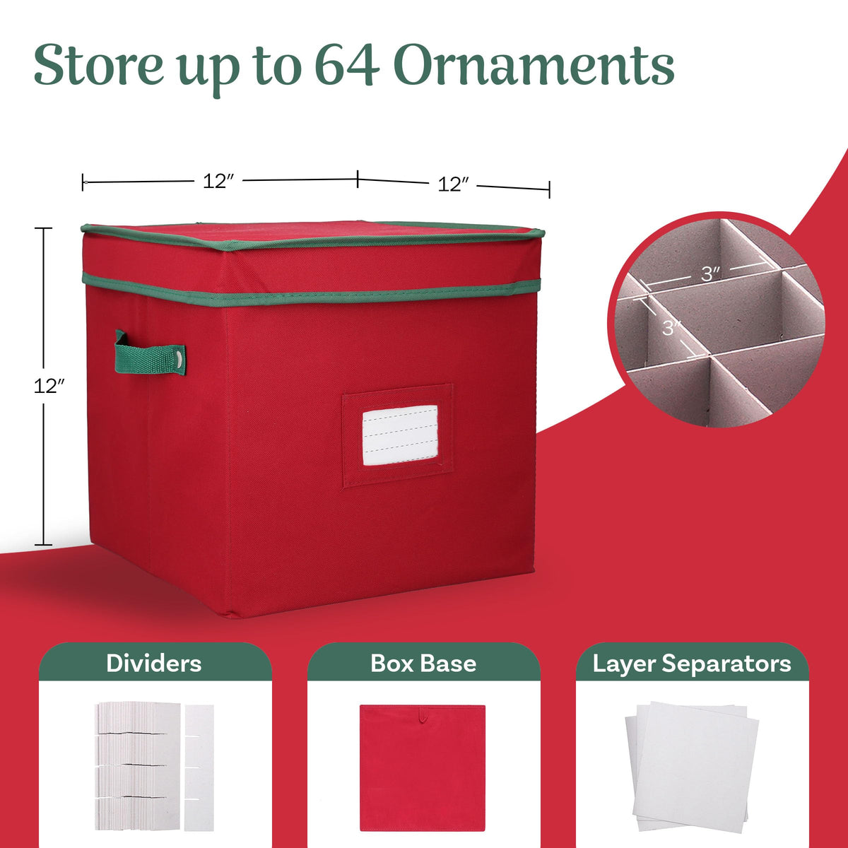 Christmas Decor Storage Box - Red Oxford Canvas Ornament Cube Chest With 64 Compartment Dividers