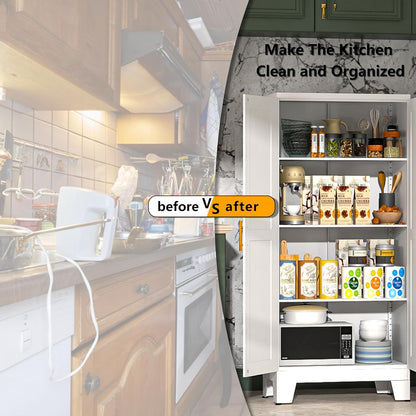 White Metal Kitchen Storage Cabinet, Kitchen Pantry Storage Cabinet with Doors and Shelves, Storage
