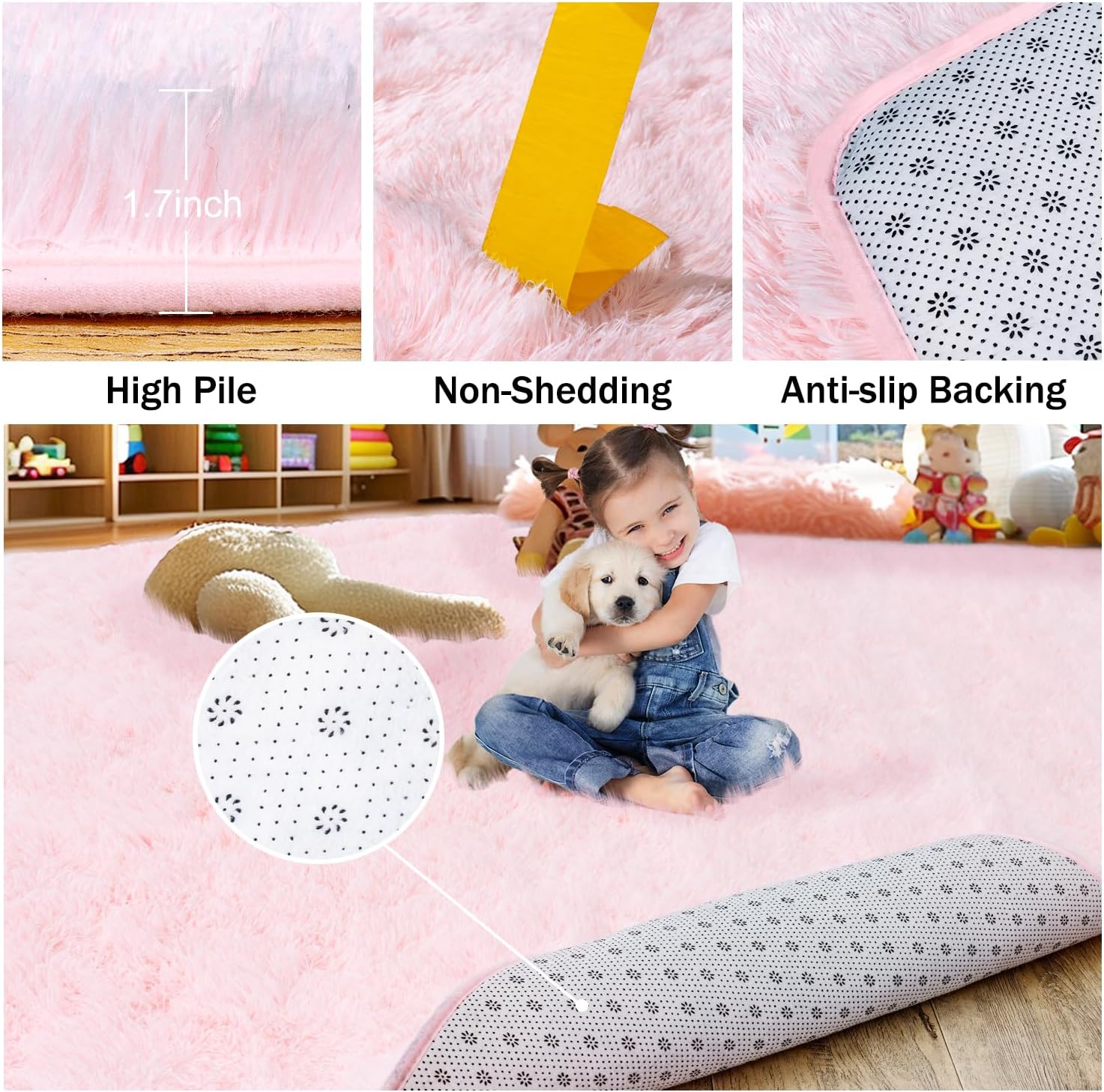 Rezutan Pink Super Soft Rug for Girls Bedroom 2x3 Feet, Fluffy Shag Area Rugs for Living Room