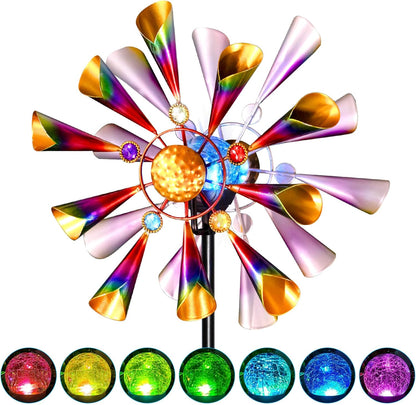54'' Wind Spinners Outdoor Solar Garden Decor Light - Unique Metal Stake Colorful Windmill, Durable