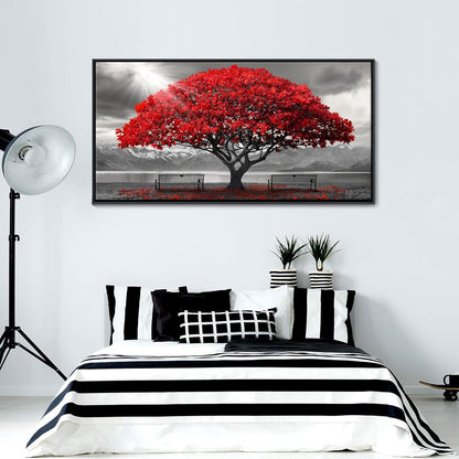 AJAZIKO Red Wall Art - Modern Framed Wall Art for Living Room - Red Tree Black and White Landscape