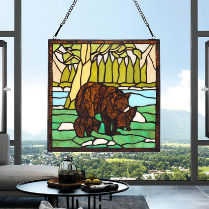 bwkoiujes Stained Glass Window Hanging 12" Square Tiffany Animal Style 3 Brown Bears Suncatcher