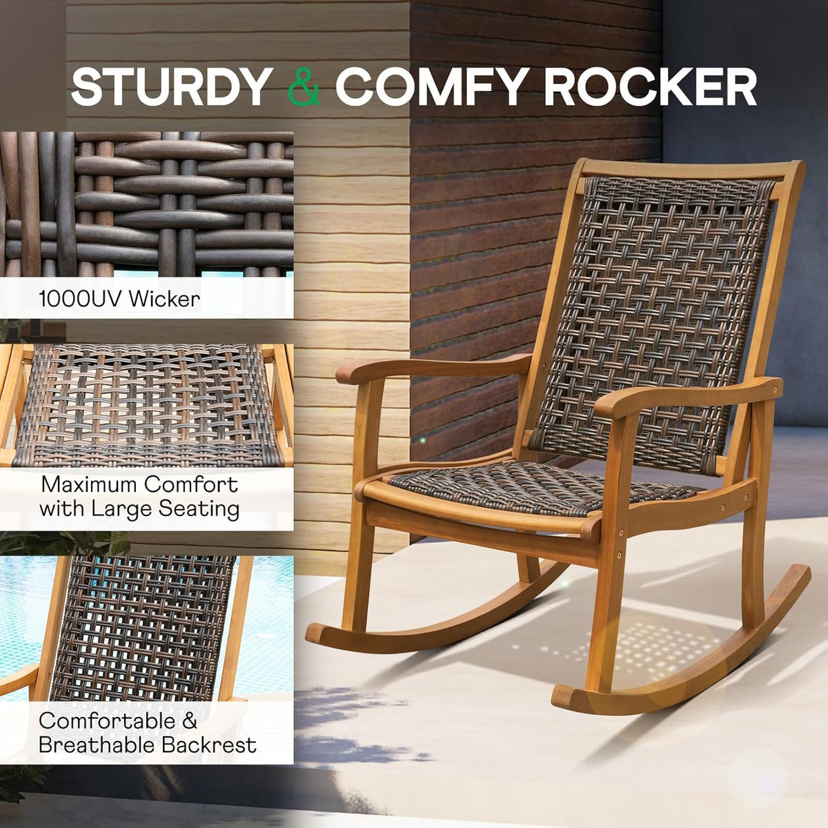 Idzo Wood Wicker Rocking Chair, 400 lbs Capacity, Durable Eucalyptus Wood, Natural Finish