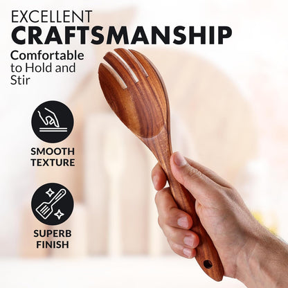 Zulay Kitchen 12-Piece Teak Wooden Utensils for Cooking - Natural Teak Utensil Set with Premium