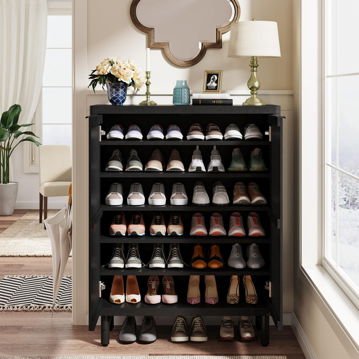 Tribesigns 6-Tier Shoe Cabinet with Shutter Doors, Large Wooden Shoe Organizer Rack with Adjustable