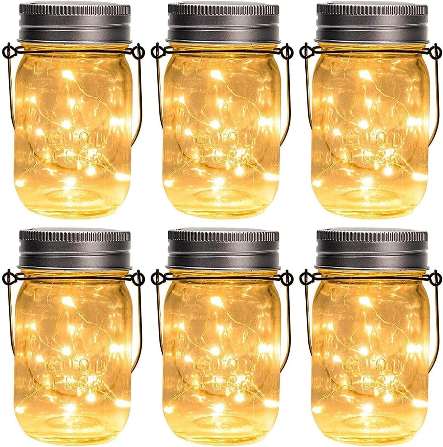 GIGALUMI Hanging Mason Jar Solar Lights, 6 Pack 30 Led Hanging Solar Lanterns Outdoor Waterproof