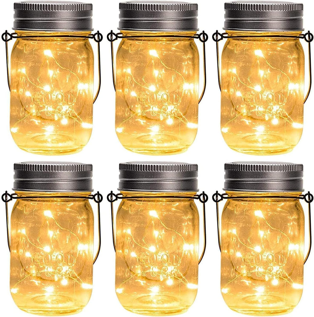 GIGALUMI Hanging Mason Jar Solar Lights, 6 Pack 30 Led Hanging Solar Lanterns Outdoor Waterproof