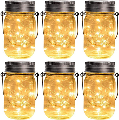 GIGALUMI Hanging Mason Jar Solar Lights, 6 Pack 30 Led Hanging Solar Lanterns Outdoor Waterproof