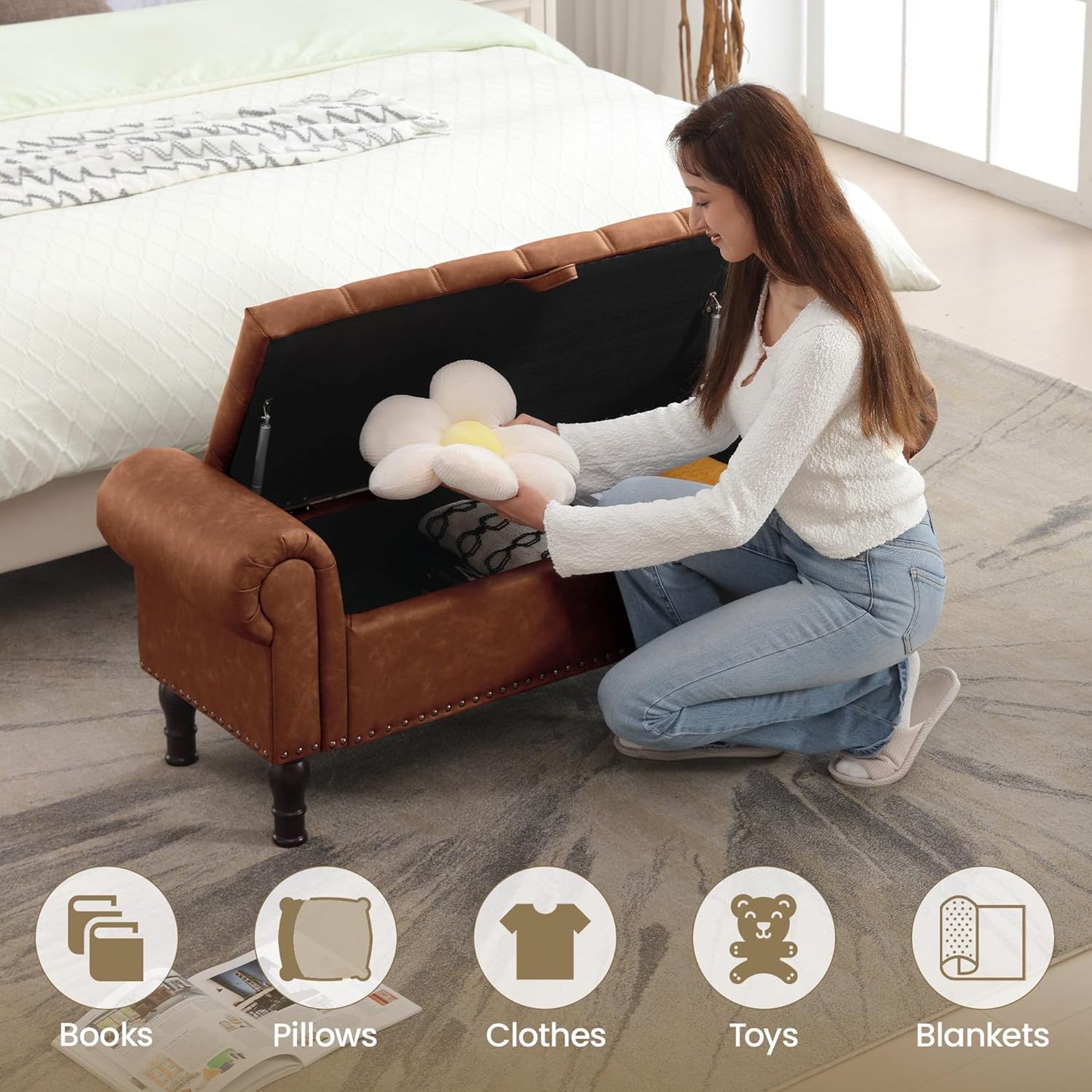 51" Storage Ottoman Bench for Bedroom, Full Queen Storage Bench with Button, Upholstered Bedroom