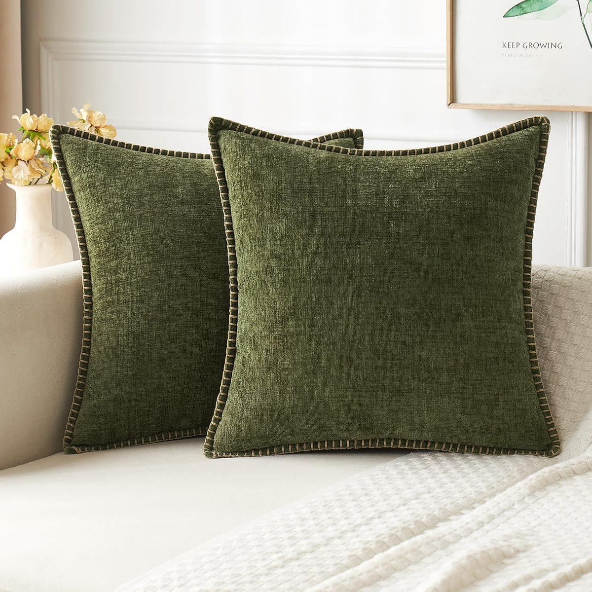 MIULEE Pack of 2 Couch Throw Pillow Covers 18x18 Inch Olive Green Farmhouse Decorative Pillow