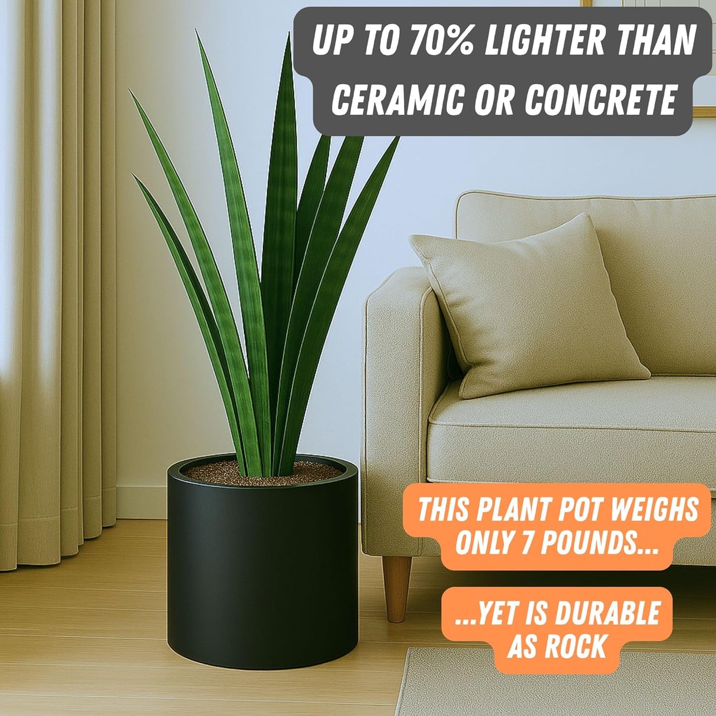 Fox & Fern Large 12 Inch Black Plant Pot — Premium Lightweight Fiberstone Matte Black Planter w
