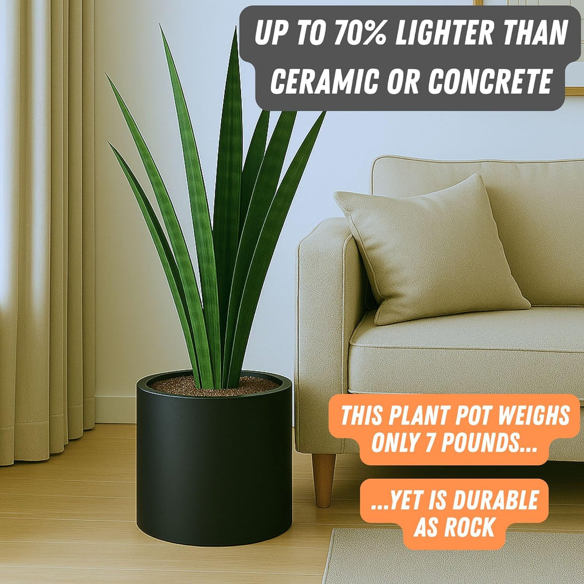 Fox & Fern Large 12 Inch Black Plant Pot — Premium Lightweight Fiberstone Matte Black Planter w