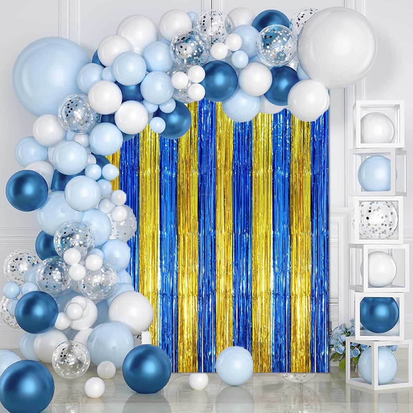 3 Pack 3.3 x 8.2 ft Blue Gold Foil Fringe Backdrop Curtains, Tinsel Streamers Party Decorations