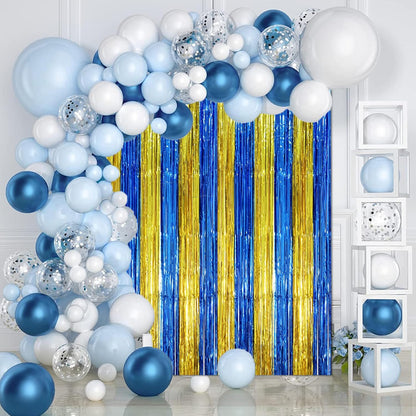 3 Pack 3.3 x 8.2 ft Blue Gold Foil Fringe Backdrop Curtains, Tinsel Streamers Party Decorations