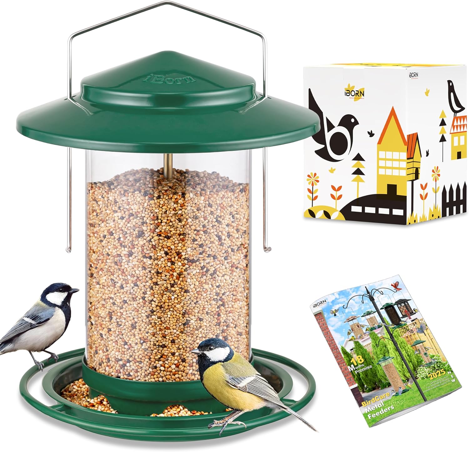 iBorn Metal Bird Feeders for Outdoors Hanging,Wild Bird Feeders for Cardinal,18cm Large Roof&Tray