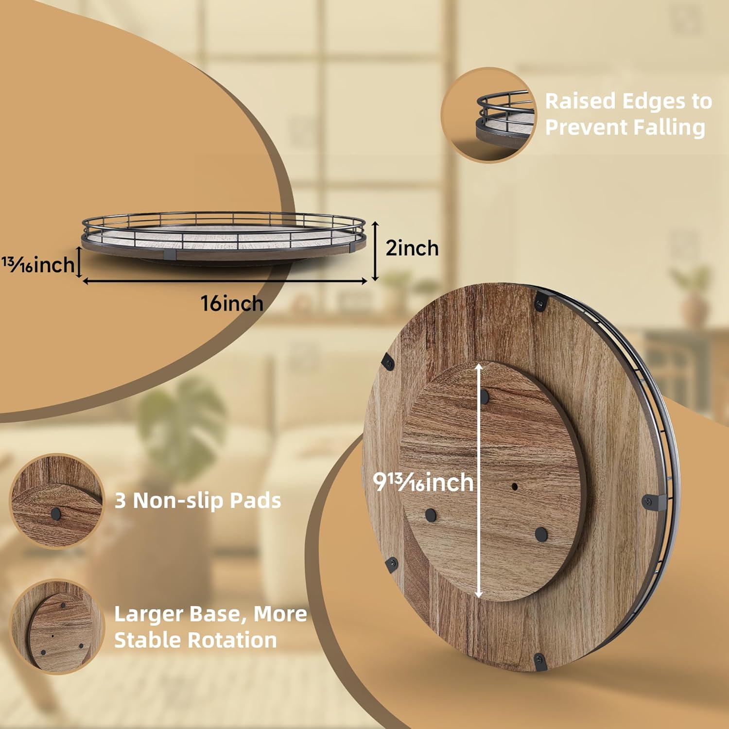 Acacia Wood 16" Lazy Susan Turntable Organizer for Table Top, Farmhouse Large Round Lazy Susan for