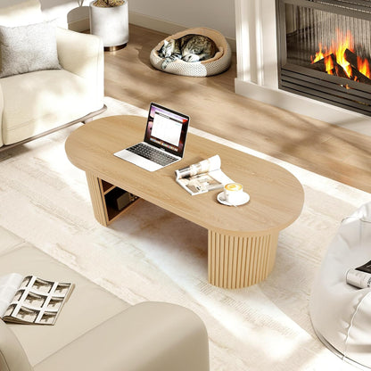Oval Fluted Coffee Table, 47" Farmhouse Wood Coffee Table Mid Century Modern Center Table Boho