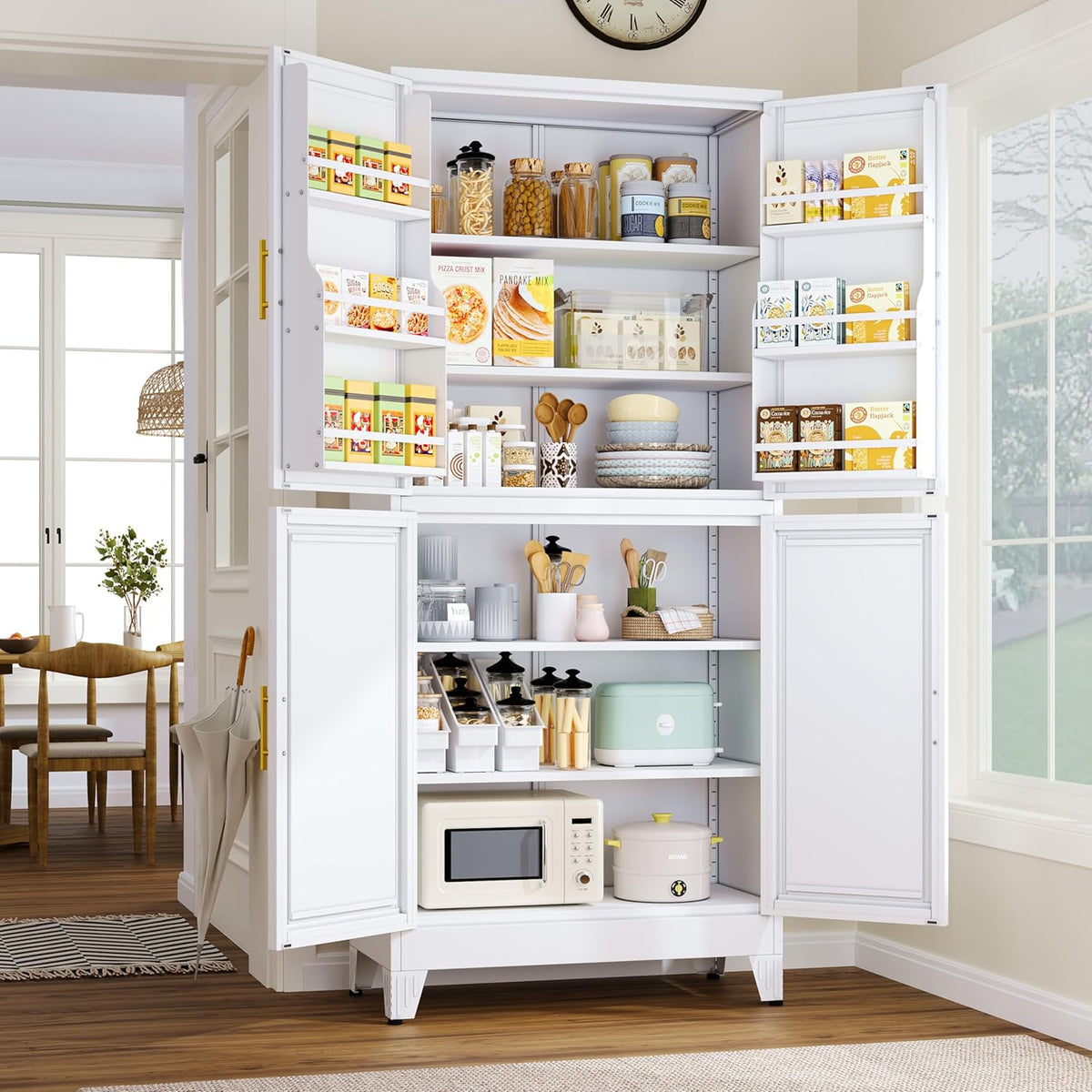 74.8" Tall Metal Food Cabinet, White Kitchen Pantry Cabinet, Storage Cabinets with 4 Door and 4