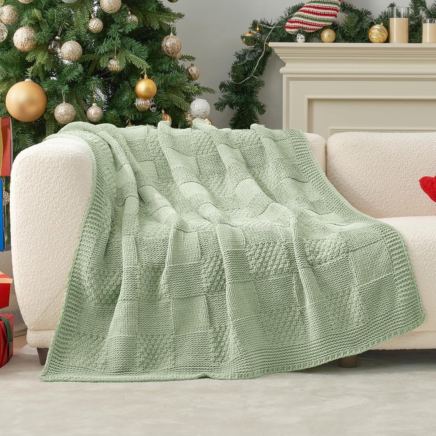 Amélie Home Chenille Knit Throw Blanket for Couch, Checkered Texture Decorative Soft Blanket for