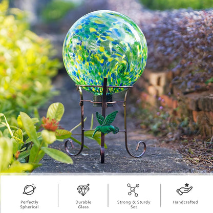 10 Inch Glass Gazing Ball, with 9.4" Tall Metal Gazing Globe Stand, Glass Balls Display Holder Set
