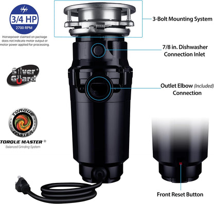 Waste Maid 10-US-WM-458-SL-3B Garbage Disposal Anti-Jam Stainless Steel Food Waste Grinding System