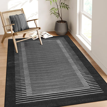Wonnitar Washable Striped 5x7 Washable Area Rug, Non-Slip Black Berber Stripe Rugs for Living Room