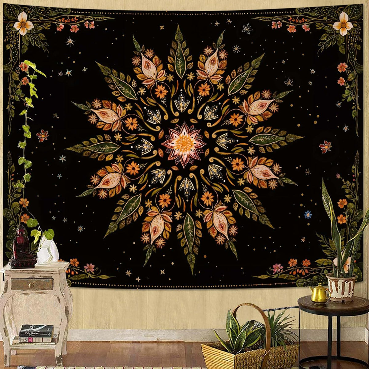 Fowocu Boho Floral Mandala Tapestry for Bedroom Aesthetic Vintage Bohemian Flower Wall Tapestry
