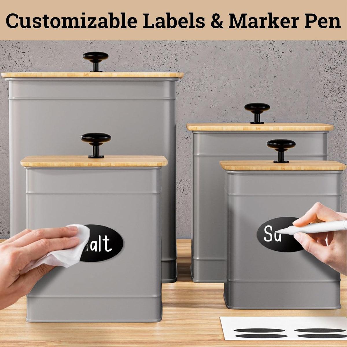 Kitchen Canisters for Countertop Set of 4 with Customizable Chalkboard Labels & Marker Pen - Big