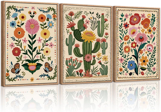 HLNIUC Vintage Flower Framed Canvas Wall Art,Colorful Desert Cactus Flower Wall Decor Set of