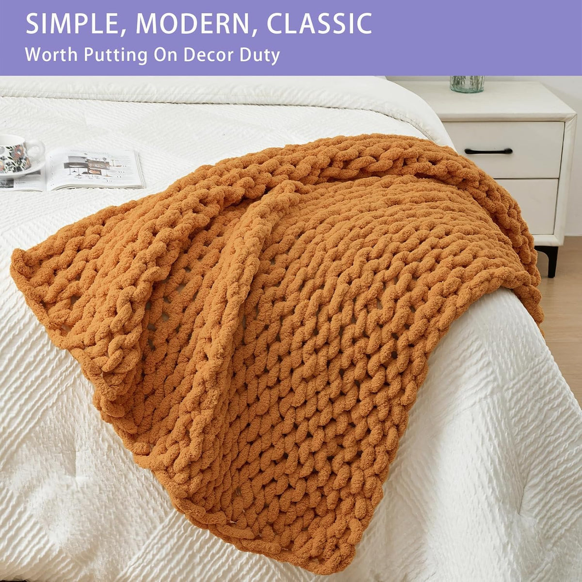 Bigacogo Chunky Knit Throw Blanket for Couch, 40x40 inches, 100% Hand Knitted with Thick Jumbo