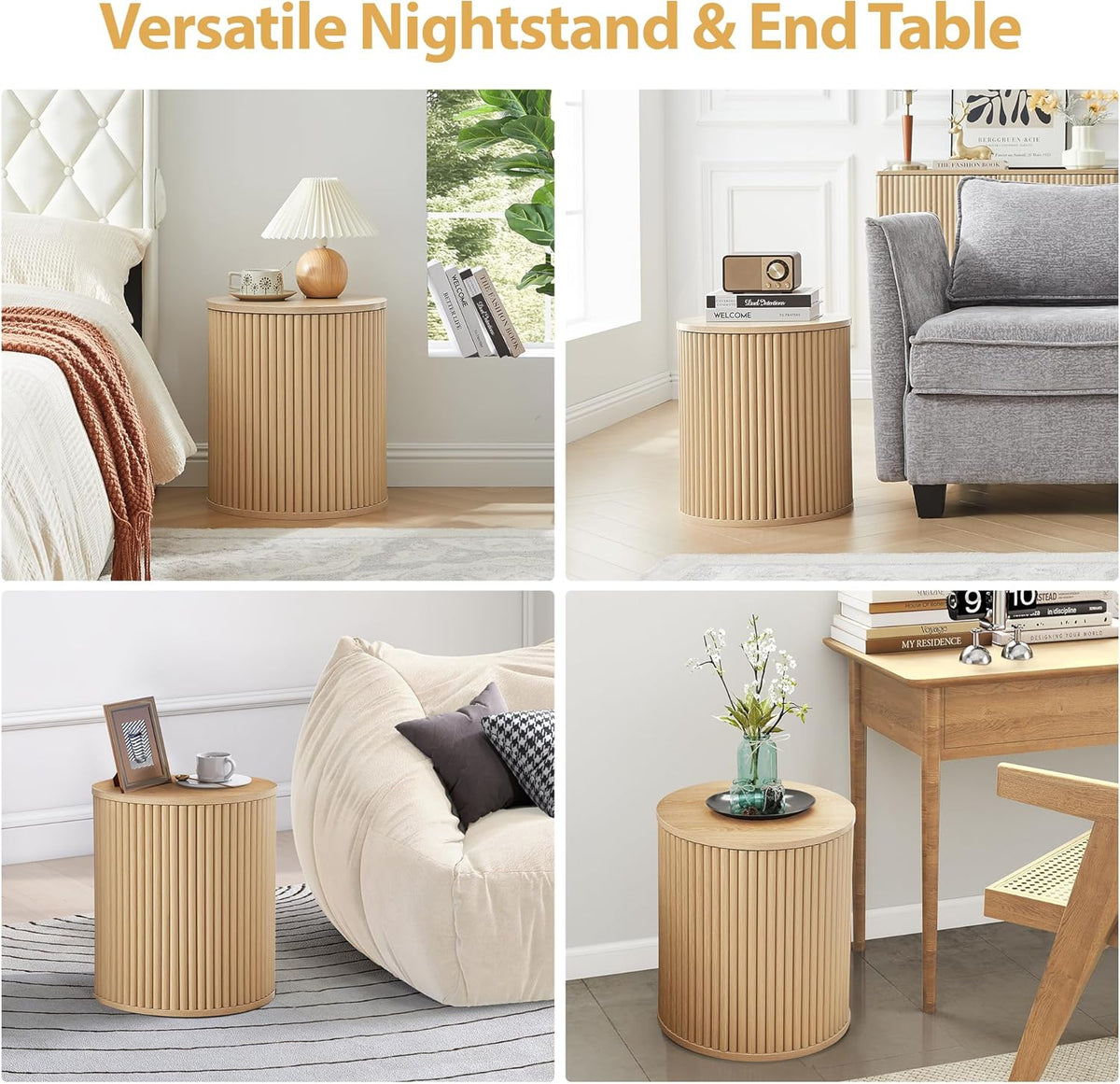 AVZEAR Small Round Side Table Fluted Night Stand Set of 2, Modern Boho End Table with Storage