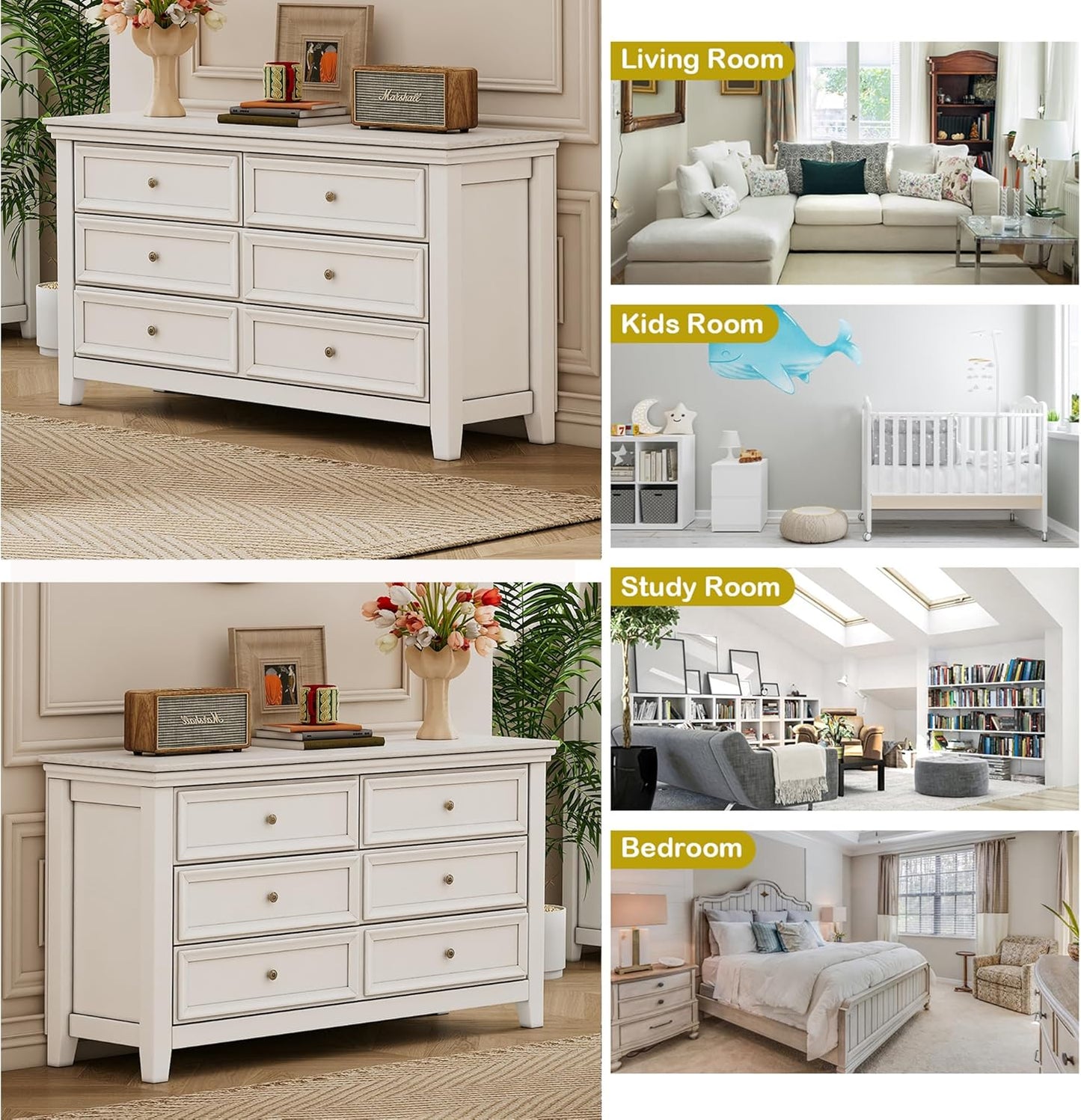 BLANKSPACE White 6 Drawer Dresser, Modern Dresser for Bedroom, Wood Drawer Organizer with Metal