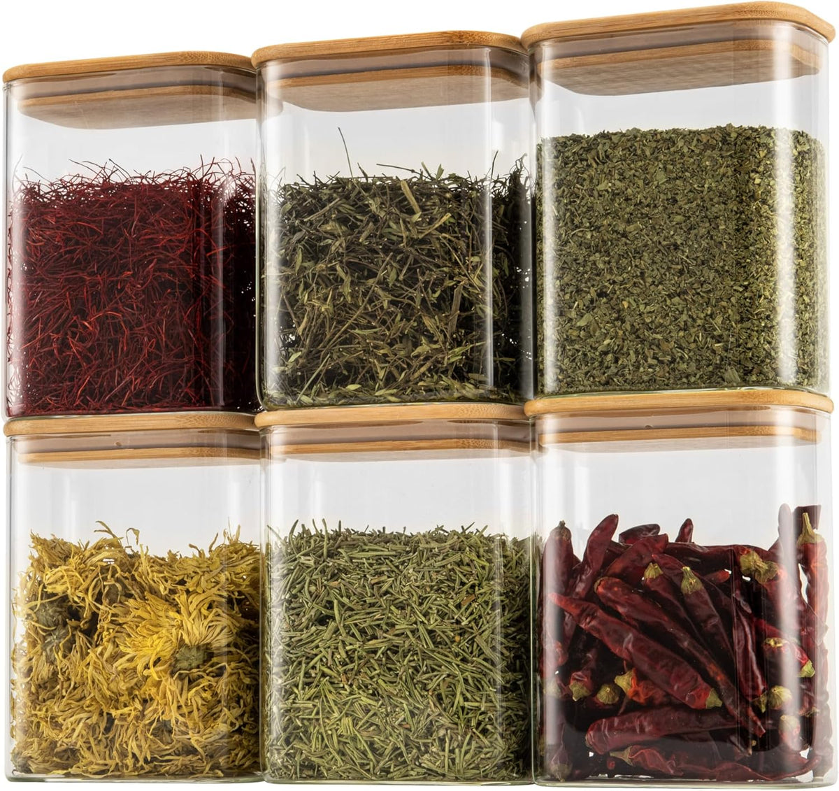 37oz Rectangle Airtight Glass Storage Containers with Bamboo Lids (Set of 6), Square Food Storage