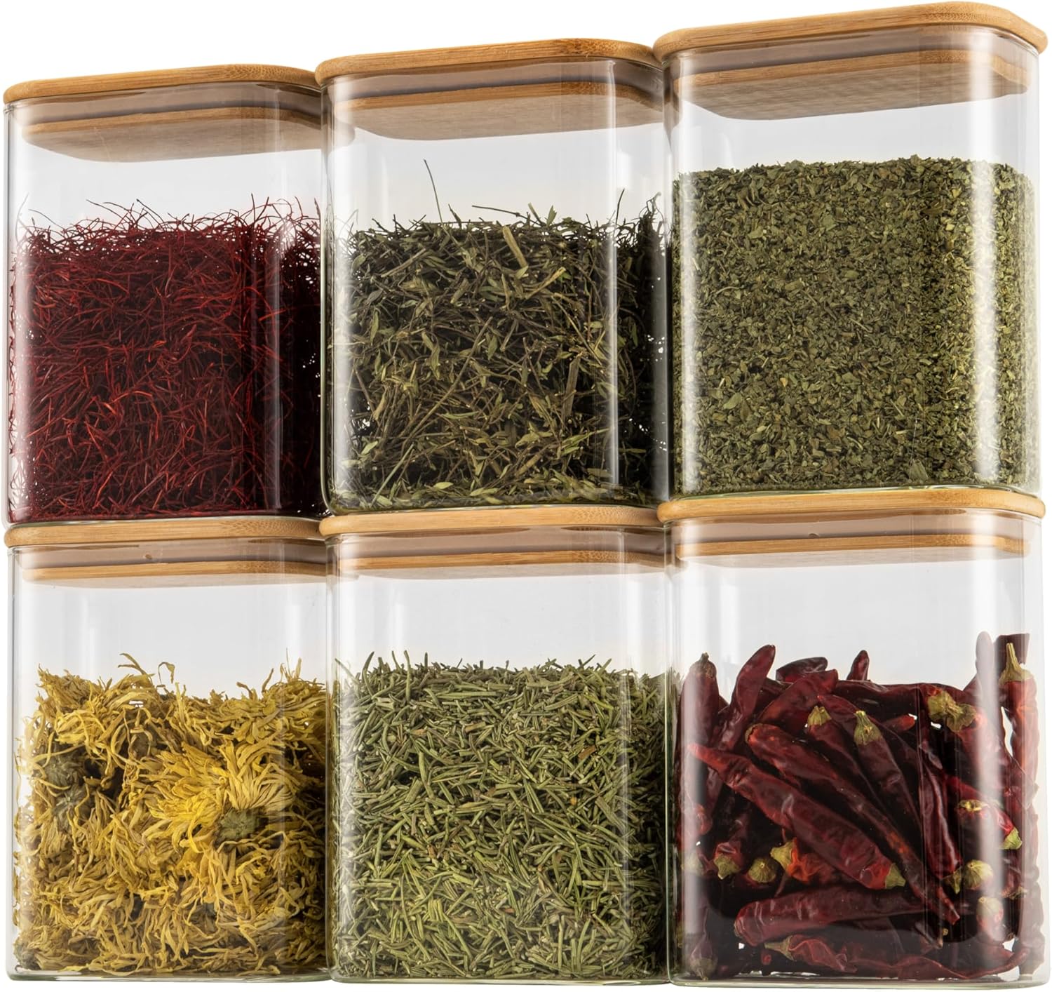 37oz Rectangle Airtight Glass Storage Containers with Bamboo Lids (Set of 6), Square Food Storage