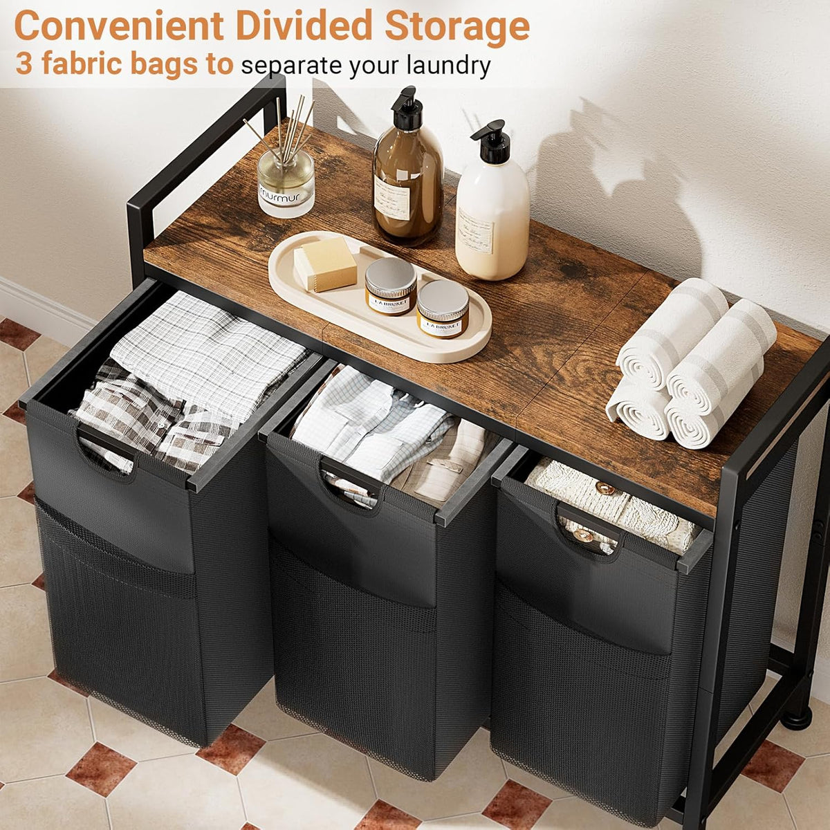 Lulive Laundry Hamper, Laundry Basket Organizer with 3 Pull-Out Removable Bags & Large Top Shelf, 3